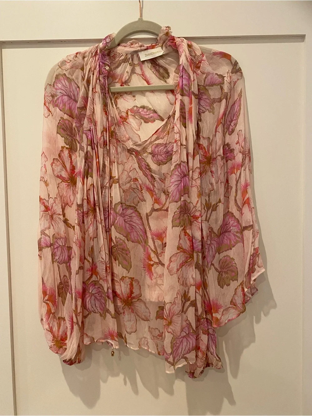 Zimmermann Matchmaker Billow Blouse, Pink Floral Tie Neck, Size 1